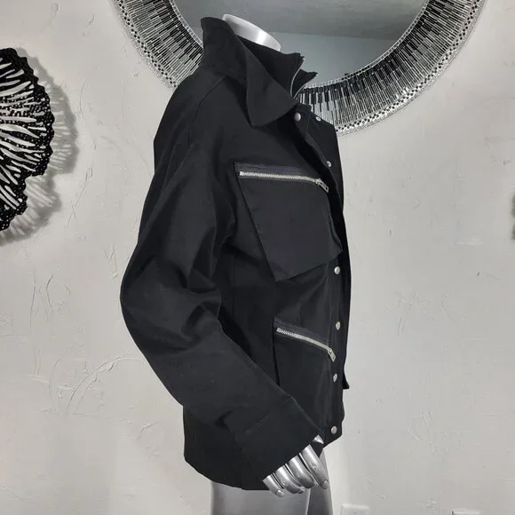 NWT~$295~I AM GIA~S/M~BLACK MILITARY UTILITY CARGO DENIM JEAN JACKET COAT - Picture 6 of 16